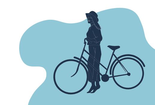 Young woman on bike with basket of flowers Vector flat isolated illustration