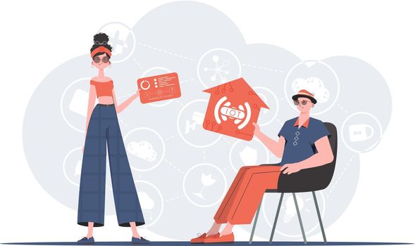 Internet of things concept. The girl and the guy are a team in the field of Internet of things. Good for websites and presentations. Vector illustration.