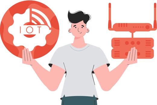 A man holds the internet of things logo in his hands. Router and server. Internet of things concept. Isolated. Trendy flat style. Vector.
