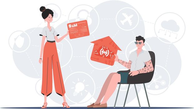 Internet of things concept. The girl and the guy are a team in the field of Internet of things. Good for presentations and websites. Vector illustration in flat style.
