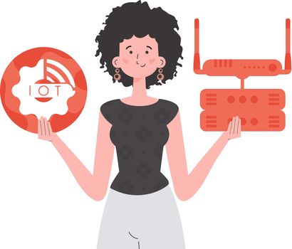 A woman holds the internet of things logo in her hands. Router and server. Internet of things concept. Isolated. Vector illustration in trendy flat style.