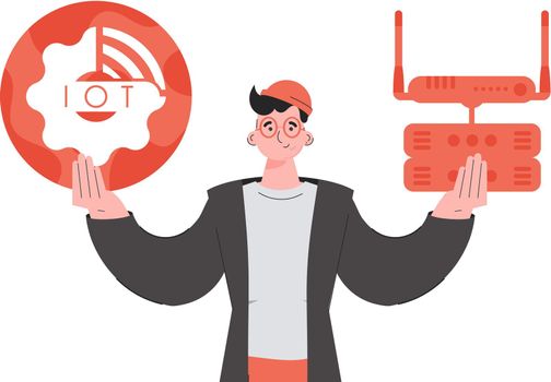 A man holds the internet of things logo in his hands. Router and server. Internet of things concept. Isolated. Vector illustration in flat style.