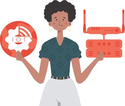 A woman holds the internet of things logo in her hands. Router and server. Internet of things concept. Isolated. Vector illustration in flat style.