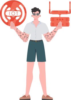 A man holds the internet of things logo in his hands. Router and server. Internet of things and automation concept. Isolated. Vector illustration in trendy flat style.
