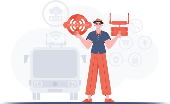 Internet of things concept. A man holds the internet of things logo in her hands. Router and server. Good for presentations and websites. Vector illustration in flat style.