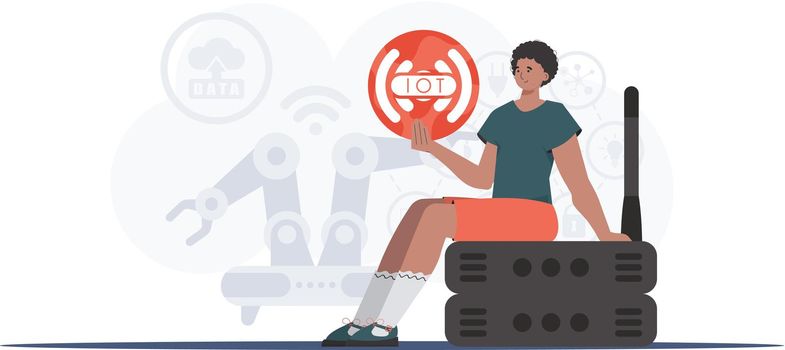 Internet of things concept. A man holds the internet of things logo in her hands. Router and server. Good for websites and presentations. Vector illustration in trendy flat style.