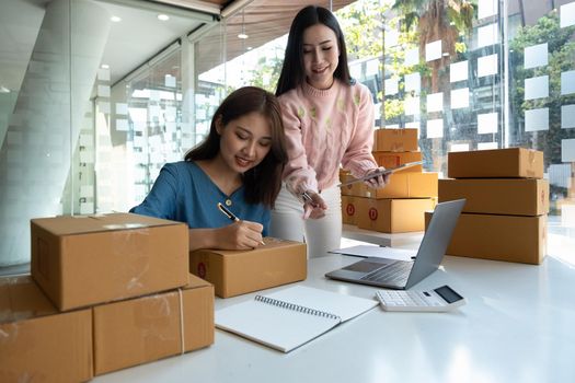 Two asian female employees using laptop computer working in warehouse and browsing online shopping order document to confirm stock goods. young girls holding parcel cardboard checking notebook