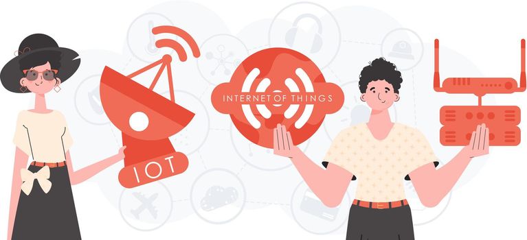 IoT concept. The girl and the guy are a team in the field of Internet of things. Good for websites and presentations. Trendy flat style. Vector.