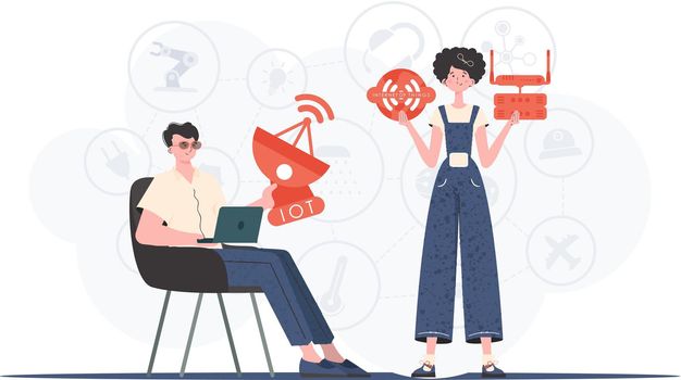 Internet of things and automation concept. The girl and the guy are a team in the field of Internet of things. Good for presentations and websites. Vector illustration.