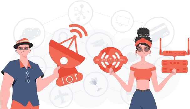 IOT and automation concept. A man and a woman are a team in the field of the Internet of things. Good for websites and presentations. Trendy flat style. Vector.