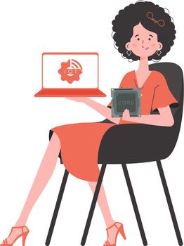 A woman holds a laptop and a processor chip in her hands. Internet of things concept. Isolated. Vector.