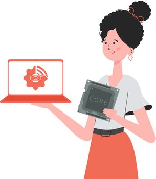A woman holds a laptop and a processor chip in her hands. IOT and automation concept. Isolated. Vector.