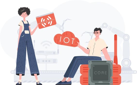 A man and a woman are a team in the field of the Internet of things. Internet of things and automation concept. Good for presentations and websites. Vector illustration.