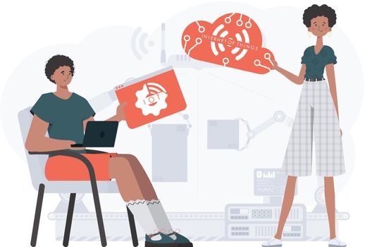 The girl and the guy are a team in the field of Internet of things. IOT and automation concept. Good for presentations and websites. Vector illustration.