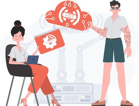A man and a woman are a team in the field of the Internet of things. IOT and automation concept. Good for presentations and websites. Vector illustration in flat style.