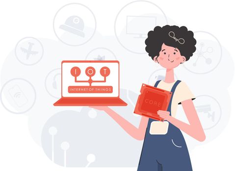 The girl is holding a laptop and a processor chip in her hands. Internet of things concept. Vector.