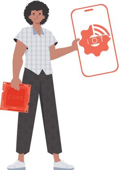A man holds a phone with the IoT logo in his hands. Internet of things and automation concept. Vector illustration in trendy flat style.