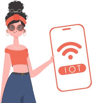 The girl is holding a phone with the IoT logo in her hands. Internet of things concept. Vector illustration in flat style.