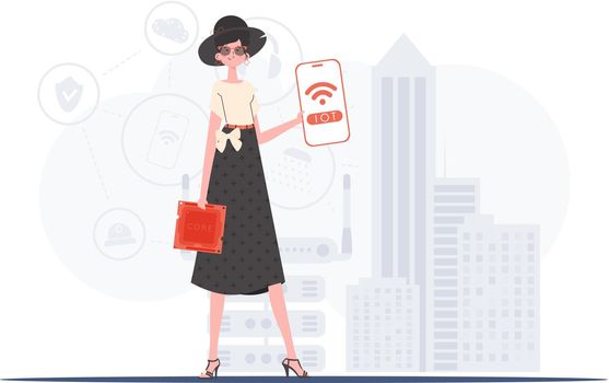 IOT and automation concept. A woman holds a phone with the IoT logo in her hands. Vector.