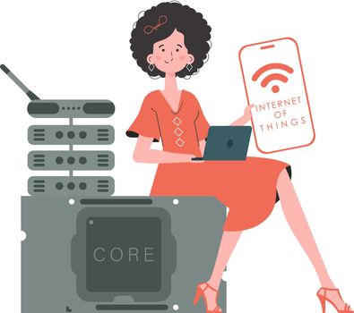 A woman holds a phone with the IoT logo in her hands. Internet of things concept. Vector.