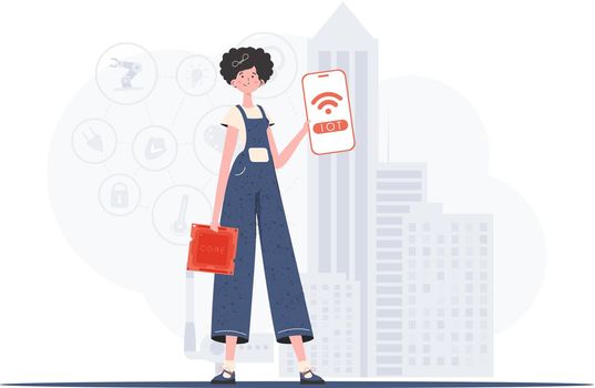 IOT and automation concept. A woman holds a phone with the IoT logo in her hands. Vector illustration in flat style.