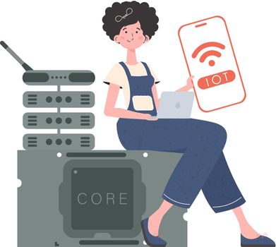 A woman holds a phone with the IoT logo in her hands. IoT concept. Vector illustration in flat style.