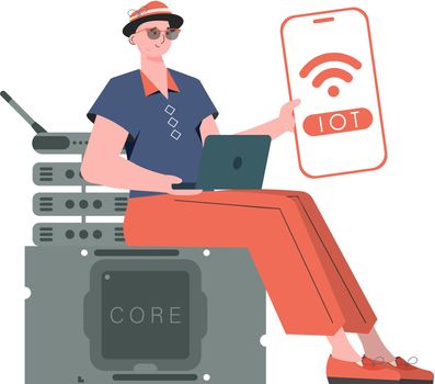 A man holds a phone with the IoT logo in his hands. IoT concept. Trendy flat style. Vector illustration.