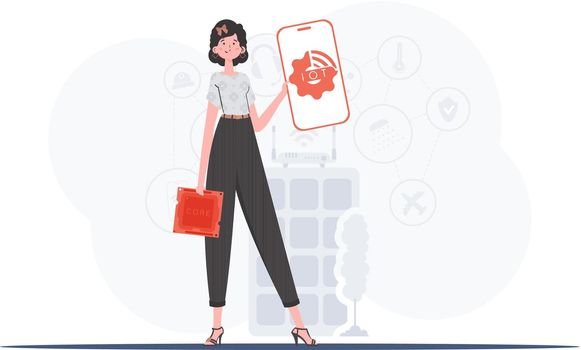 Internet of things and automation concept. A woman holds a phone with the IoT logo in her hands. Vector.