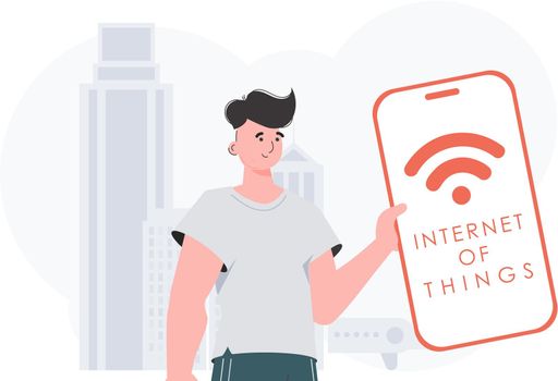 Internet of things and automation concept. The guy is holding a phone with the IoT logo in his hands. Vector.