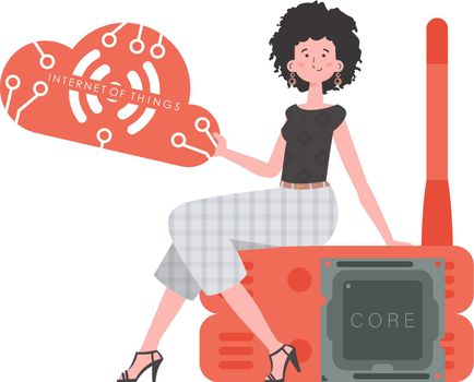 A woman sits on a router and holds the internet of things logo in her hands. Internet of things and automation concept. Isolated. Vector illustration in flat style.