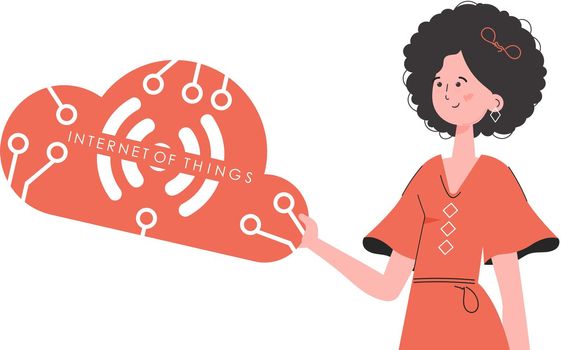 A woman holds the IoT logo in her hands. IoT concept. Isolated. Vector illustration in trendy flat style.