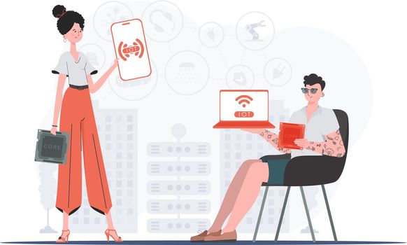 IOT and automation concept. The girl and the guy are a team in the field of Internet of things. Good for websites and presentations. Vector illustration in flat style.