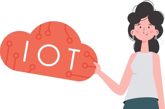 A woman holds the IoT logo in her hands. IoT concept. Isolated. Vector illustration in flat style.