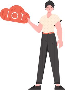 The guy holds the IoT logo in his hands. IoT concept. Isolated. Vector illustration in trendy flat style.