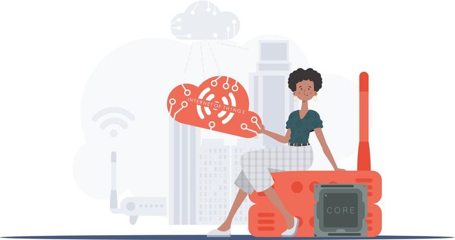 Internet of things and automation concept. A woman sits on a router and holds the internet of things logo in her hands. Vector illustration in trendy flat style.