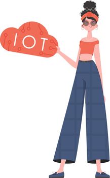 The girl holds the IoT logo in her hands. IoT concept. Isolated. Vector illustration in trendy flat style.