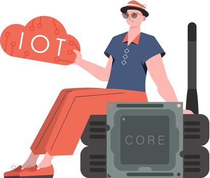 The guy sits on the router and holds the internet of things logo in his hands. Internet of things concept. Isolated. Trendy flat style. Vector.