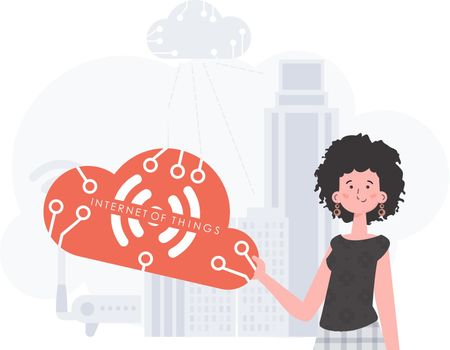 A woman is holding an internet thing icon in her hands. Internet of things and automation concept. Good for websites and presentations. Vector illustration.