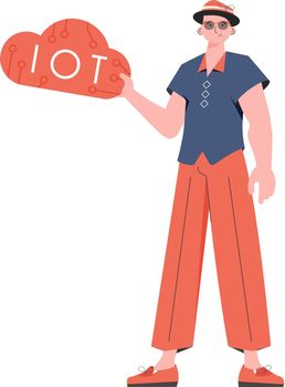 The guy holds the IoT logo in his hands. Internet of things concept. Isolated. Vector.