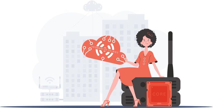 Internet of things concept. A woman sits on a router and holds the internet of things logo in her hands. Vector illustration in trendy flat style.
