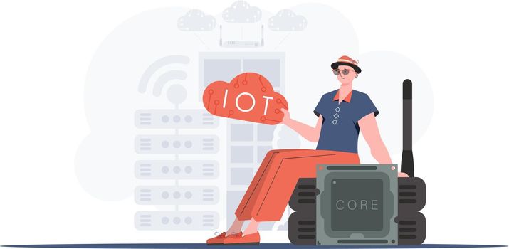 Internet of things concept. The guy sits on the router and holds the internet of things logo in his hands. Trendy flat style. Vector.