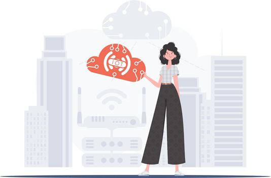 A woman is holding an internet thing icon in her hands. IOT and automation concept. Good for websites and presentations. Vector illustration.