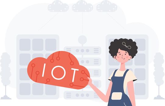 A woman is holding an internet thing icon in her hands. Internet of things and automation concept. Good for presentations and websites. Vector illustration.