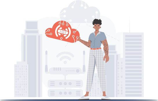 The guy is holding an internet thing icon in his hands. IOT and automation concept. Good for websites and presentations. Vector illustration.