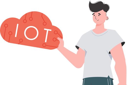 A man is holding an IoT icon in his hands. IoT concept. Isolated. Vector.