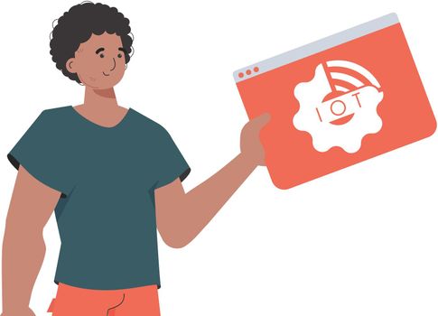 The guy holds the IoT logo in his hands. Internet of things and automation concept. Isolated. Vector illustration in flat style.