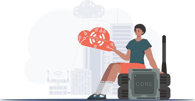 Internet of things and automation concept. The guy sits on the router and holds the internet of things logo in his hands. Vector illustration in trendy flat style.