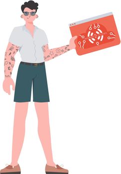 A man holds an IoT logo in his hands. Internet of things and automation concept. Isolated. Vector illustration in flat style.