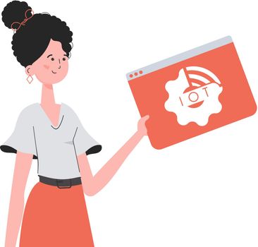 The girl holds the IoT logo in her hands. IoT concept. Isolated. Vector illustration in trendy flat style.