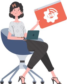 The girl is holding the IoT icon in her hands. IoT concept. Isolated. Vector illustration in flat style.